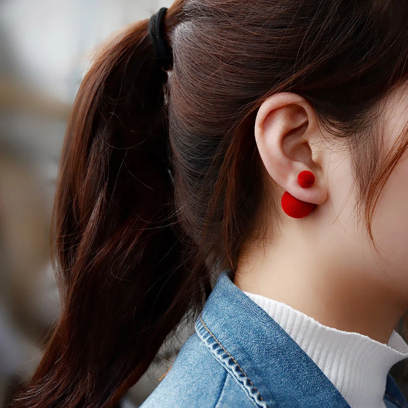 

Simple Jewelry for Women Korean Style Red Color Double Bead Stud Earrings Bijoux Fashion Stainless Steel Pearl Ear Aerets 2020