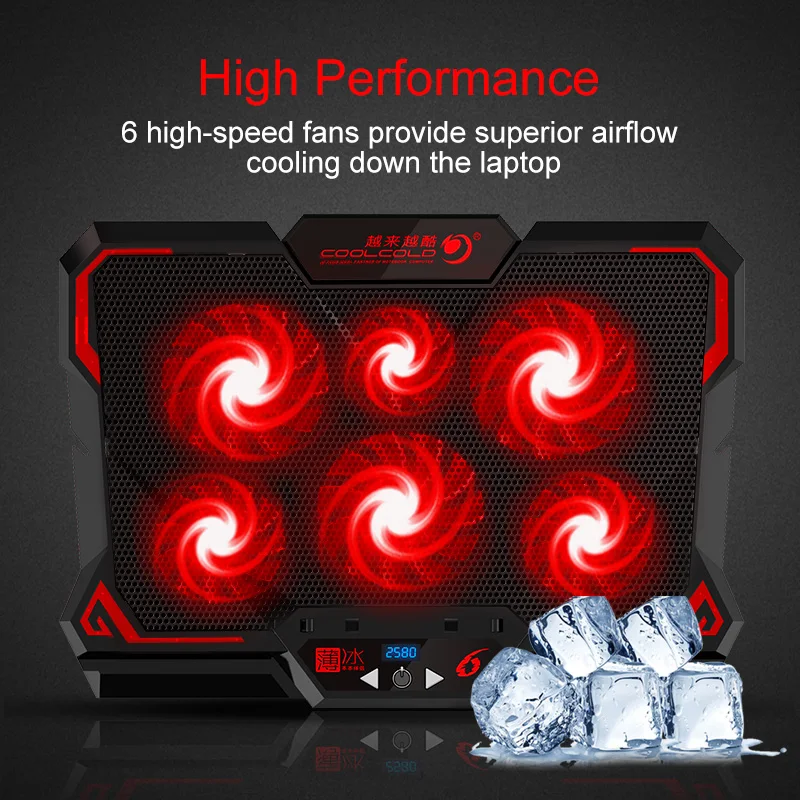 coolcold 17inch gaming laptop cooler six fan led screen two usb port 2600rpm laptop cooling pad notebook stand for laptop free global shipping