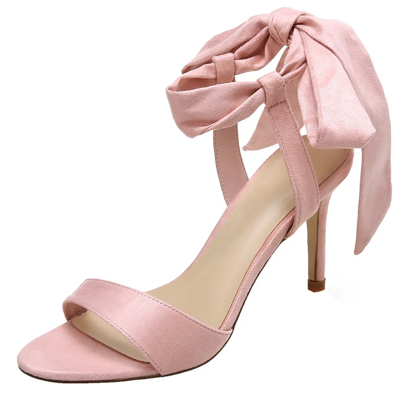 

Summer new 2021 South Korean one line high heeled women's sandals hollow Strap Black Small bow women's shoes