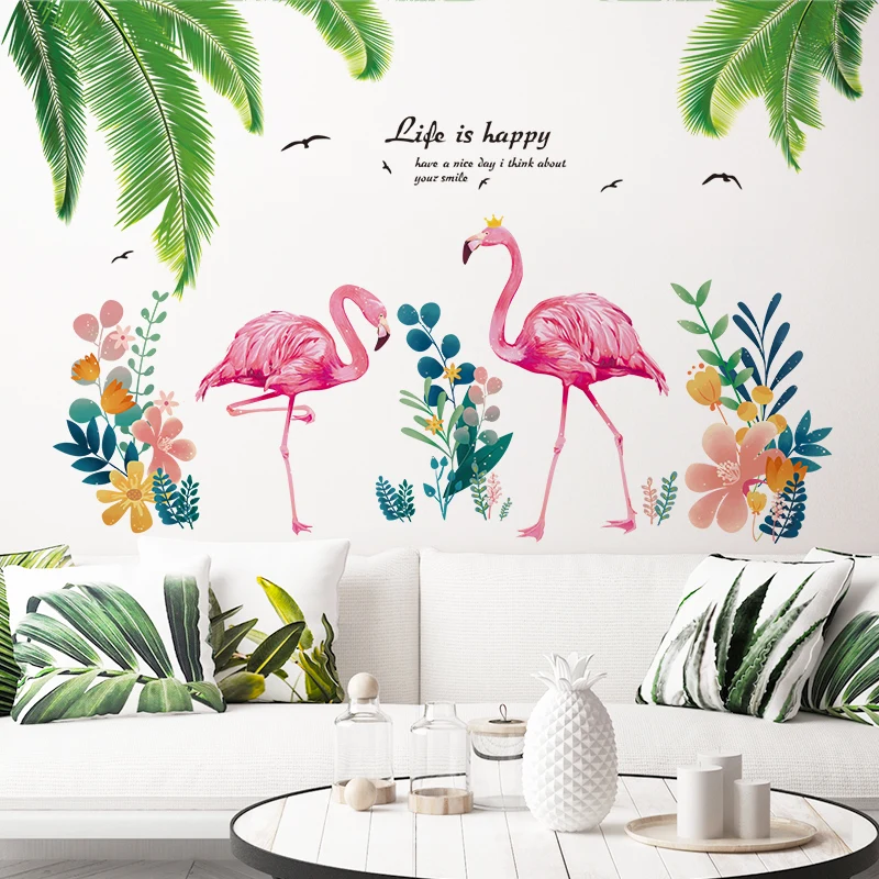 

[SHIJUEHEZI] Palm Tree Leaves Wall Stickers DIY Flamingo Animal Mural Decals for Living Room Baby Bedroom Home Decoration