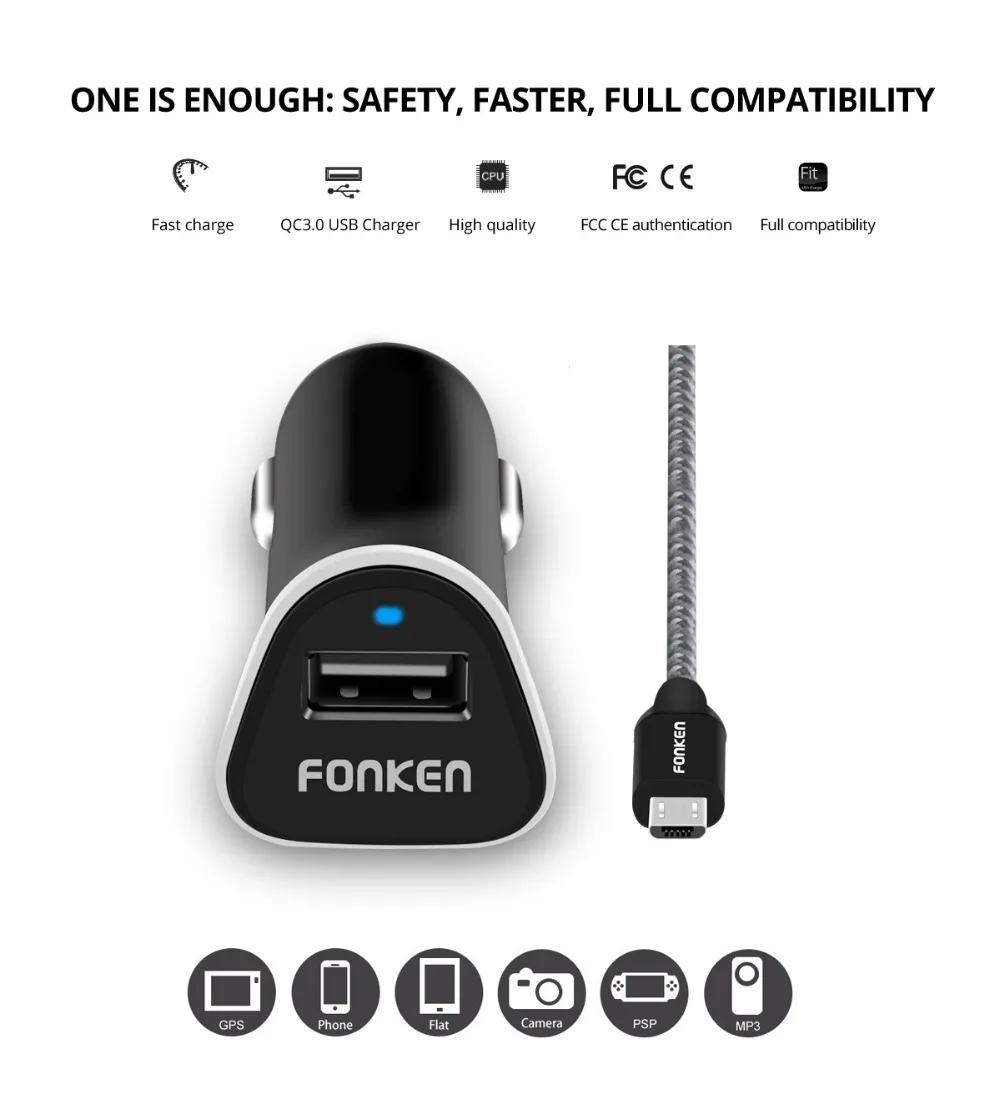Автомобильное зарядное устройство FONKEN Quick Charge 3,0, зарядное устройство для мобильного телефона, портативное универсальное умное переключение, быстрое автомобильное зарядное устройство для samsung