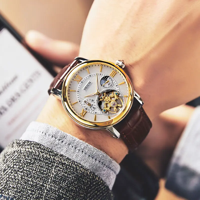 Швейцарский скелетоны Nesun часы с турбийоном мужские роскошные брендовые