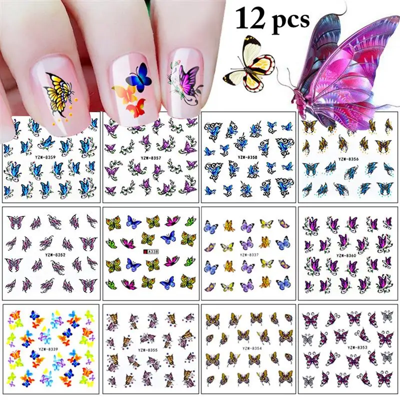 

12 Sheets Kapmore Colorful Butterfly Nail Sticker Water Transfer DIY Nail Decal Manicure Sticker Manicure Nail Art Decor