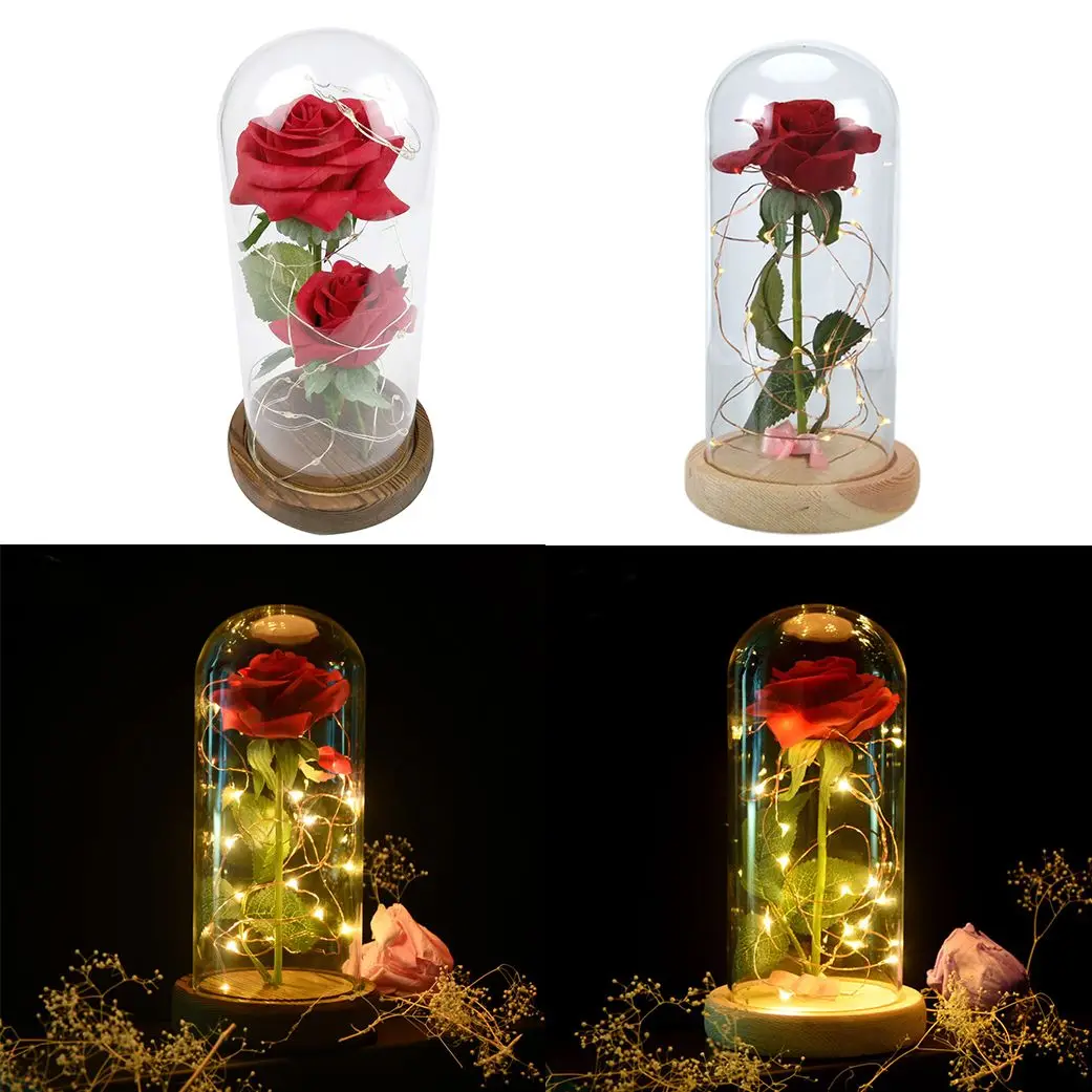 

Practical Eternal Rose Flower Red Silk Rose and LED Light with Fallen Petals in Glass Dome on a Wooden Base BEST Gift for Valent