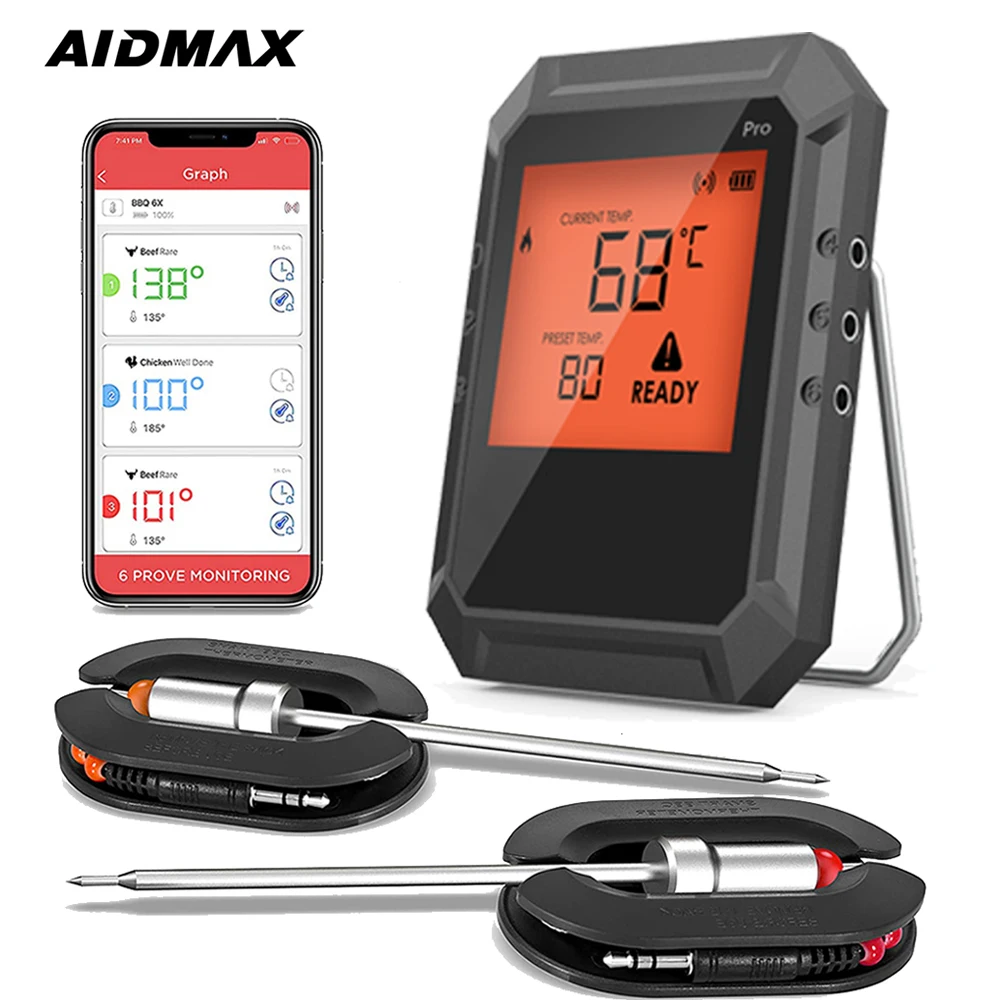Цифровой беспроводной Bluetooth-термометр AidMax для приготовления пищи, умный термометр для барбекю для кухни, гриль для курения с бесплатным при...
