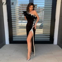 yalin black sexy arabic prom dresses sliver tussle satin high slit one shoulder ruffle party dress robe de soiree customize