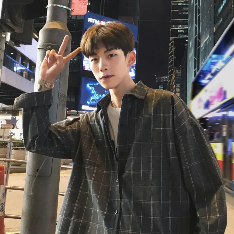 

Plaid Men Shirts Turn-down Collar Design Spring Long Sleeve Outwear Japanese Style Loose All-match Chic Harajuku Shirt Fashion