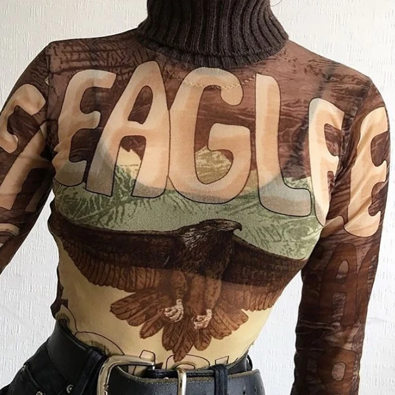 Осенние модные футболки с принтом орла пуловер высоким воротником и длинными