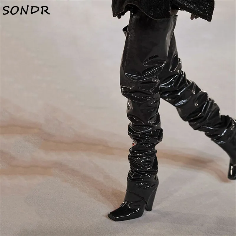 

Runway Women Thigh High Black Knight Boots 2020 New Brand Designer Spike High Heels Shoes Slip On Square TOe Over The Knee Boots