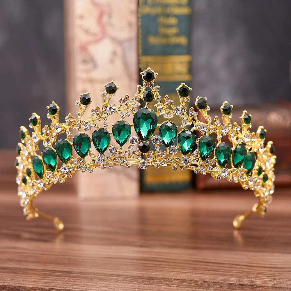 Gold Green Великолепные Стразы в стиле барокко, королевская принцесса, большая корона, диадема в винтажном стиле с серебряными кристаллами для женщин, свадебные аксессуары для волос - Окраска металла: Gold Green