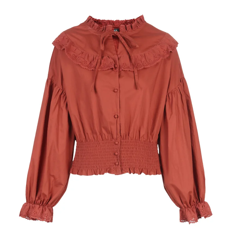 Женская рубашка с длинными рукавами из 100% хлопка на шнуровке высокой талией |