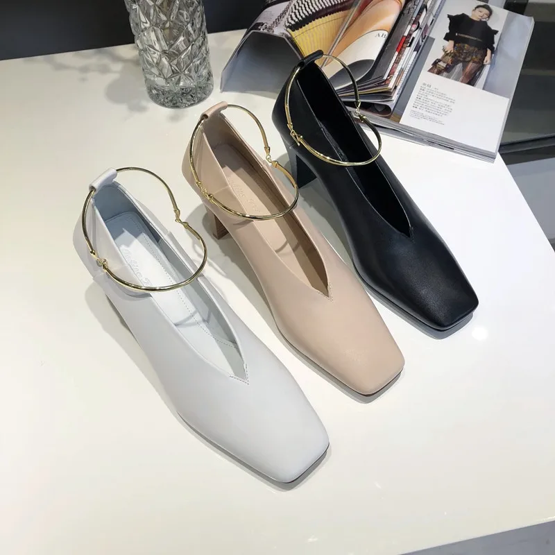 Туфли лодочки женские с V образным вырезом кожаные квадратный носок высокий