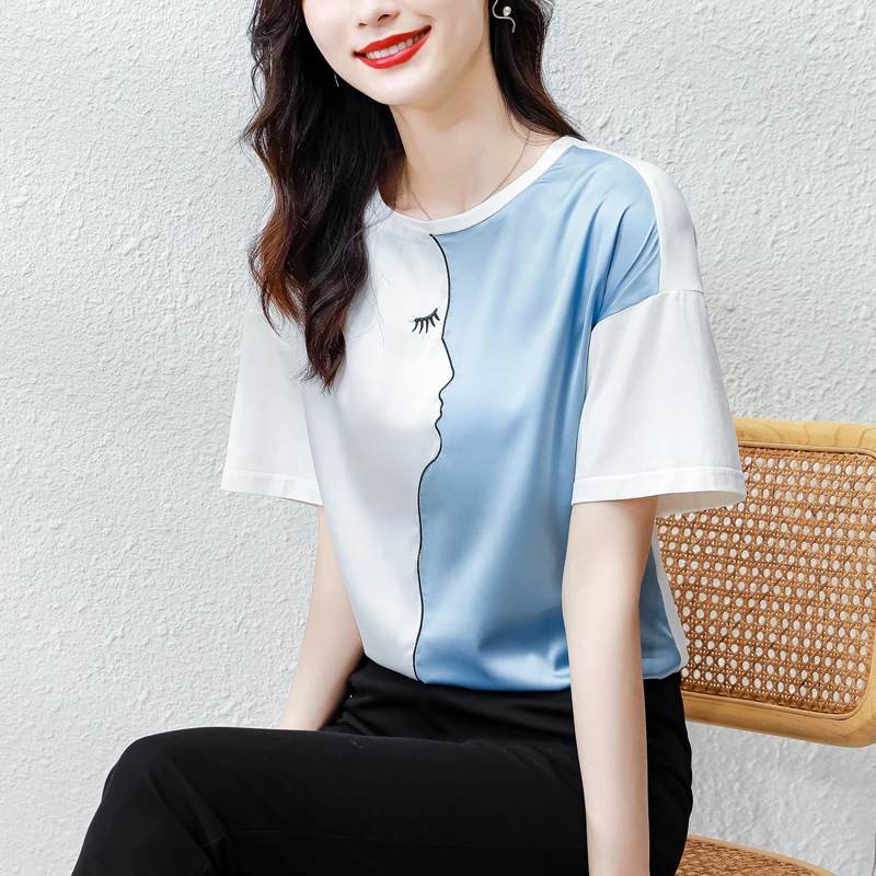 

Limiguyue Summer Tops Patchwork Contrast Women T Shirt Fashion Satin Tshirt Round Neck Short Sleeve T-Shirts Casual Tees K2342