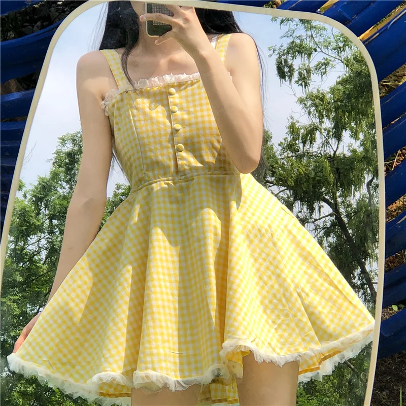 

Japanese Sweet Lolita Women Dress Cute Korean Kawaii Plaid Mini Sundress Teens Girl Splicing Sleeveless Spaghetti Strap Dresses
