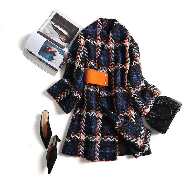 

Lattice V-neck Plaid Long Wool Overcoat Women Long Woolen Coat Women Thicken Warm Winter Long Jacket Female