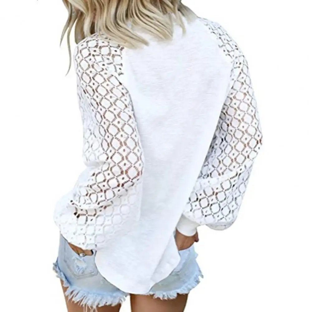 

Long Sleeve Casual Blouse Hollow Skin-friendly Lace Crochet Crewneck Women T-shirt Streetwear V Neck Elegant MeshVintage