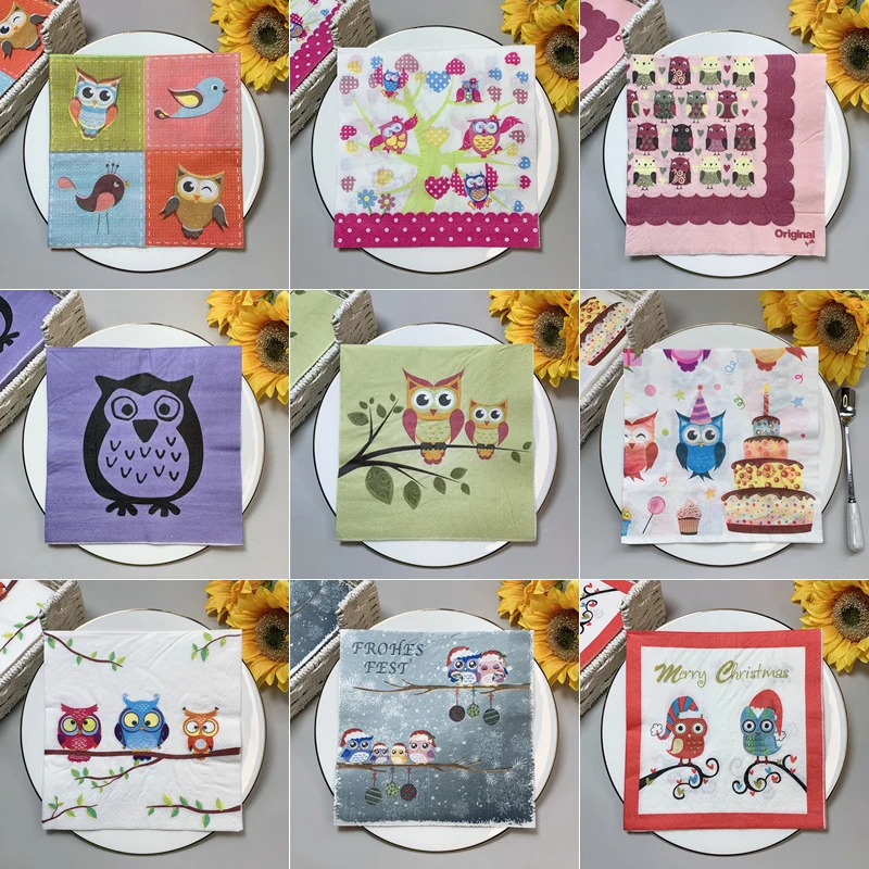 

20Pcs/Bag Cute Owl Paper Napkins Kawaii Animal Decoupage Tissues for Children's Day Kids Birthday Party Tableware Decoration