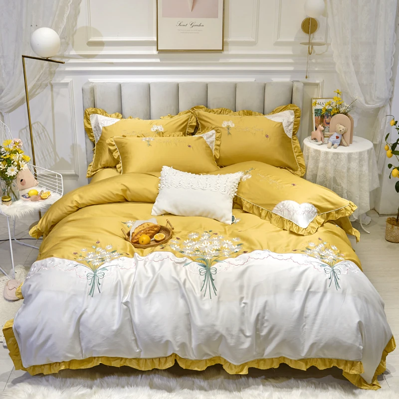 Желтый Зеленый 60S Египетский хлопок набор постельного белья для девочек букет