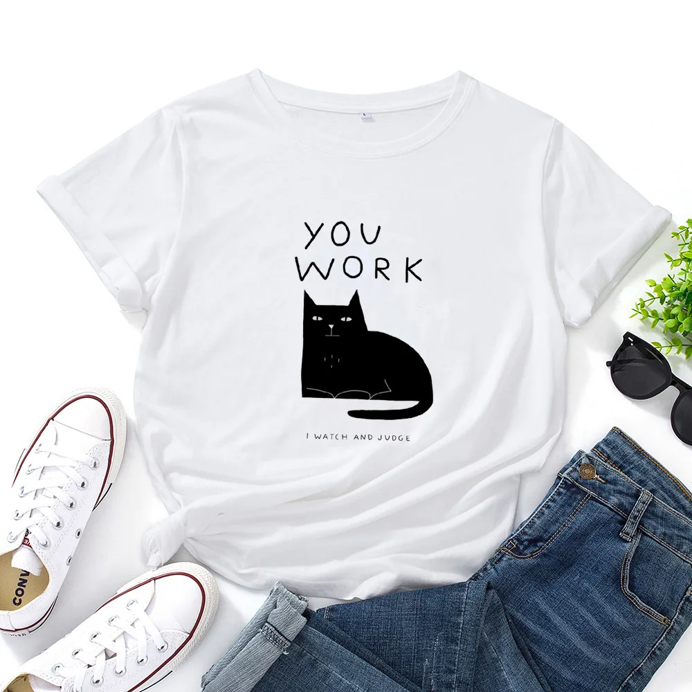 

Футболка женская хлопковая с надписью «YOU WORK I WATCH»
