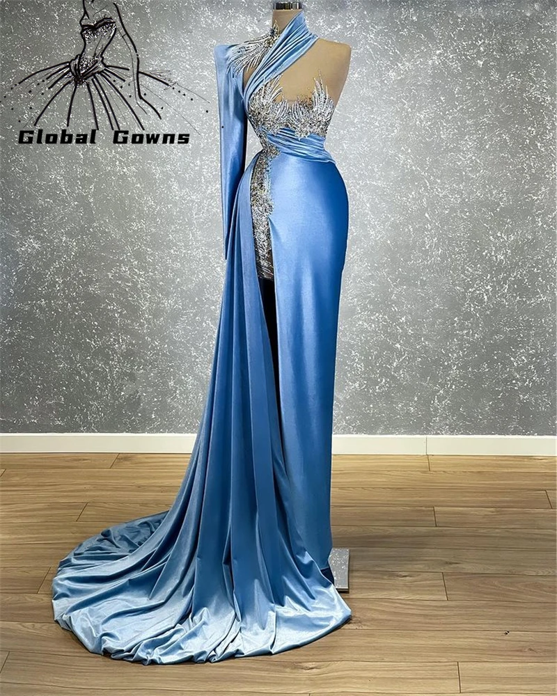

African One Shoulder Mermaid Evening Dress Beaded Appliques Dresses Birthday Party Gown High Slit Vestidos De Fiesta Noche
