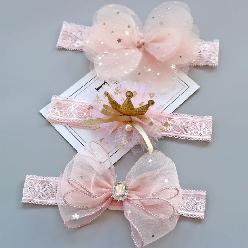 Повязка на голову детская Корона и бант для новорожденных девочек резинки волос 3