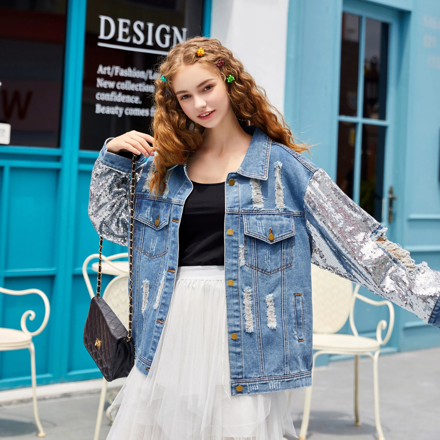 

High Street Party Denim Jacket Long Sleeve Sequins Women Jeans Jacket Spring Autumn Woman Jeans Coats Nightclub Female Outwear