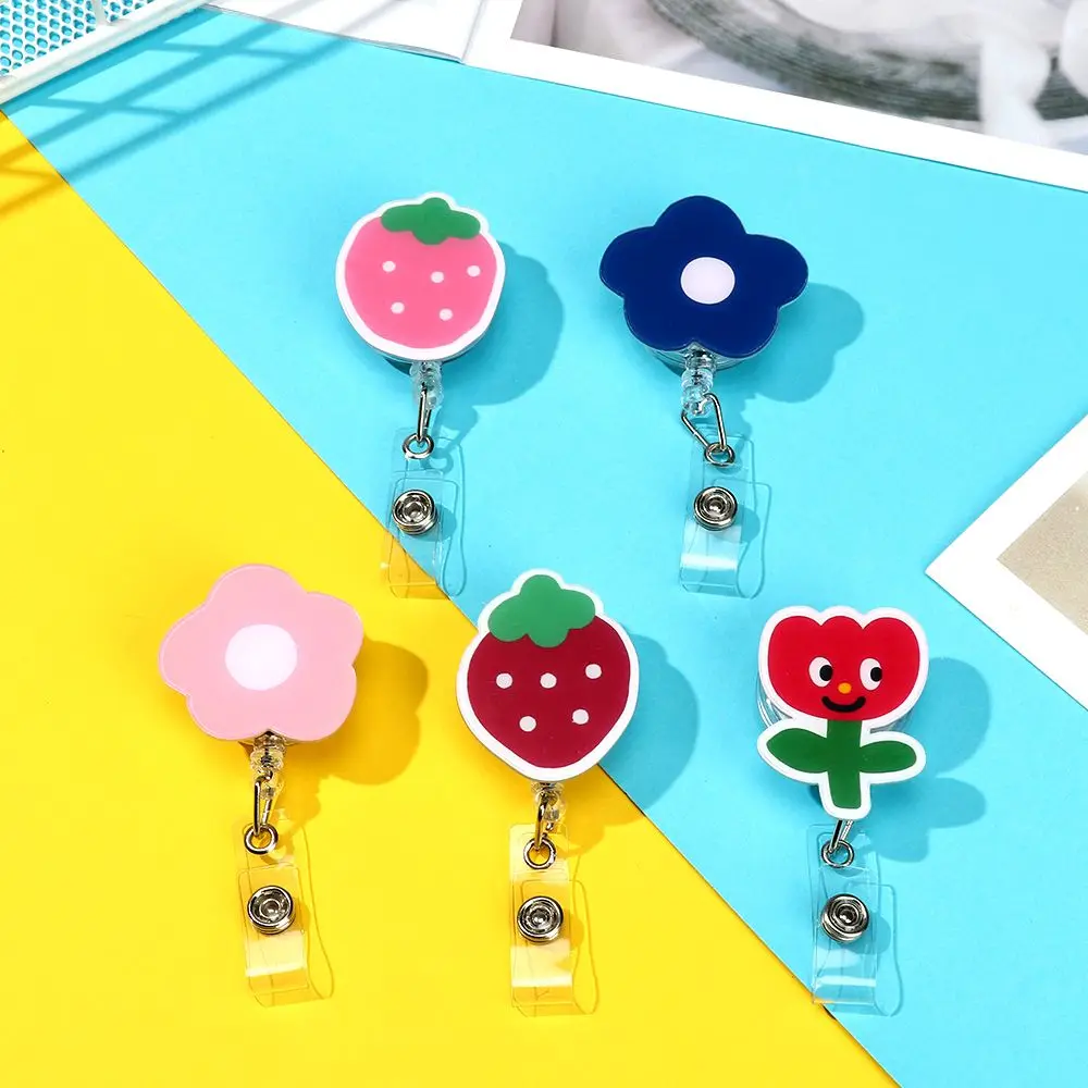 1Pc Retractable Pull Buckle Badge Reel Strawberry Floral Badge Reel ID Badge Card Clips Badge Holder Doctors Nurse Accessories