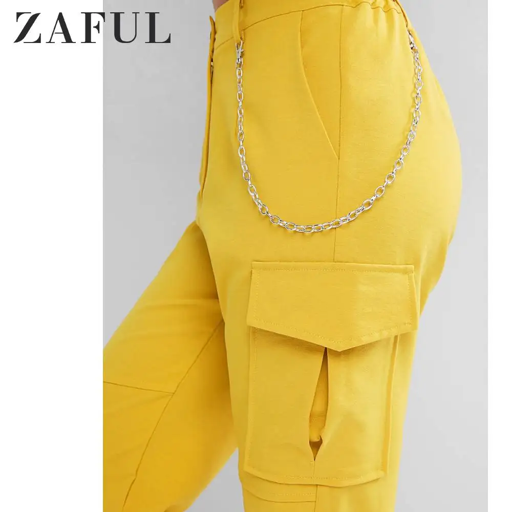 ZAFUL штаны для бега с цепочкой и карманами высокая талия одноцветные женские