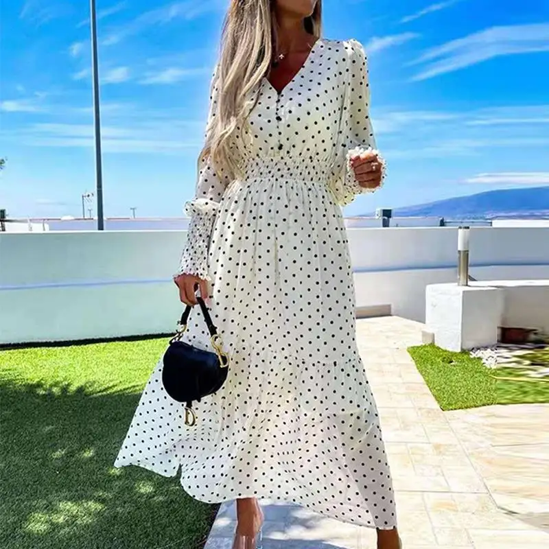 

Elegant Long Sleeve V-Neck Chiffon Dress Women Sexy Slim Elastic Waist Party Dress 2021Summer Lady Fashion Polka Dot Long Dress