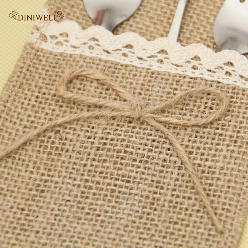 Мешковина льняной кружевной мешочек для столовых приборов рустикальная
