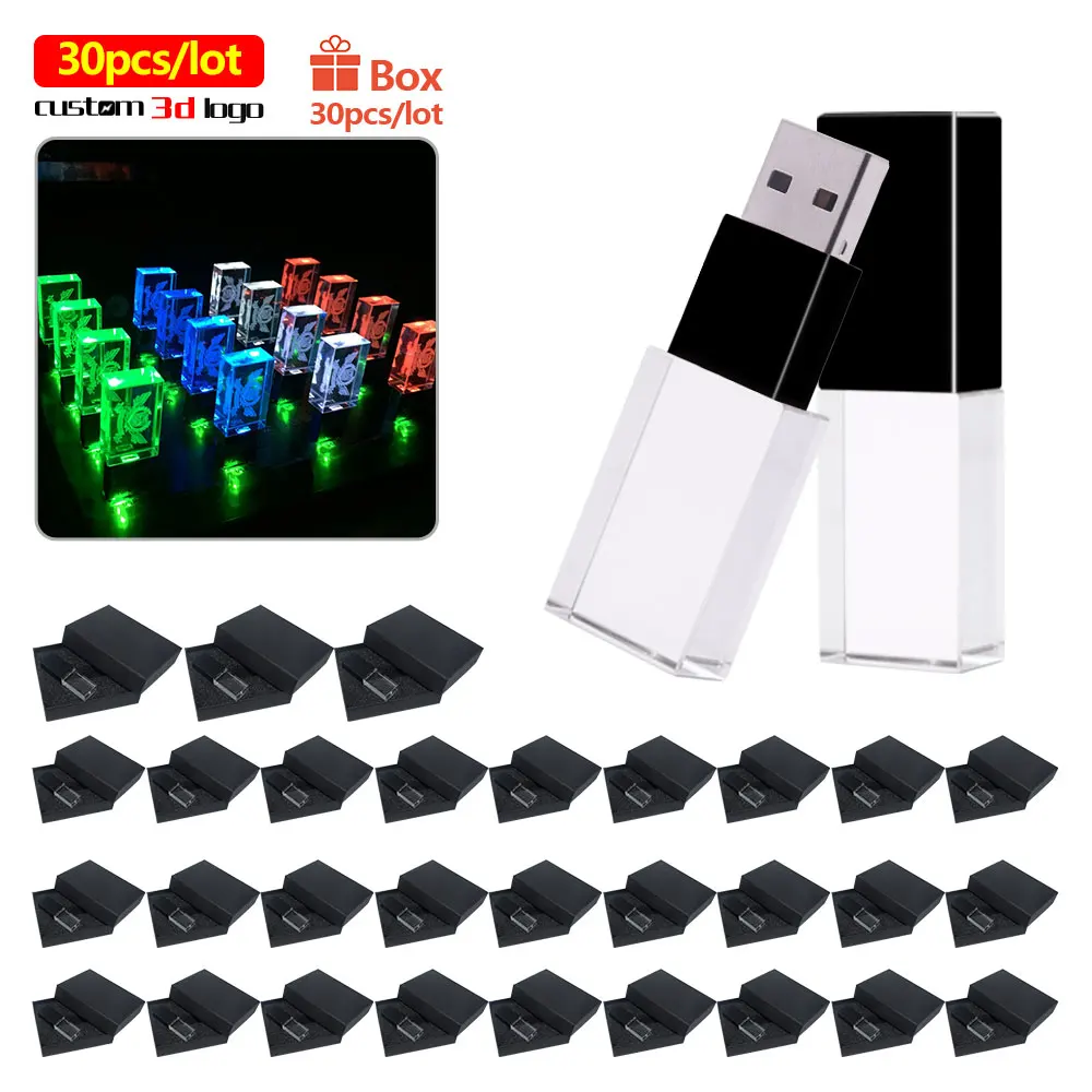 

100pcs/lot Free Logo Crystal Transparent Glass with LED Light 32GB Shipping To Ukraine