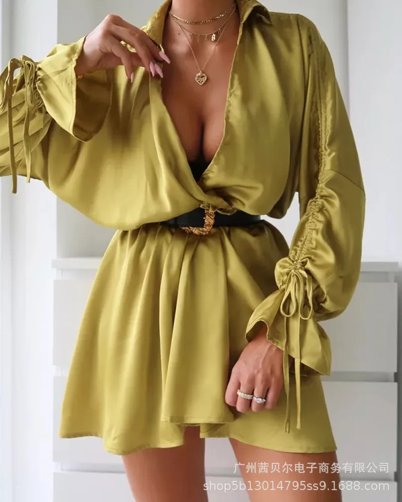 Women's Mini Dress 2021 New Drawstring Sexy Shirt Dresses