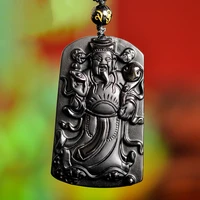 natural black obsidian god of wealth jade pendant necklace chinese hand carved fashion jewelry amulet accessories for men women