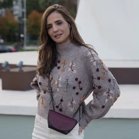 ardm pull chic bead embroidery grey sweater elegant long sleeve vintage winter knit pullover women tops with floral jumper