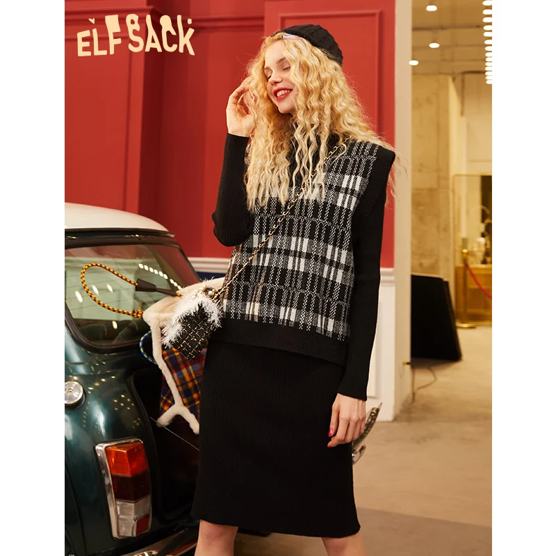 ELFSACK/Повседневный трикотажный пуловер в черную полоску женские комплекты осень