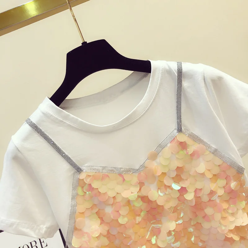 Футболка женская с коротким рукавом повседневный топ блестками круглым вырезом