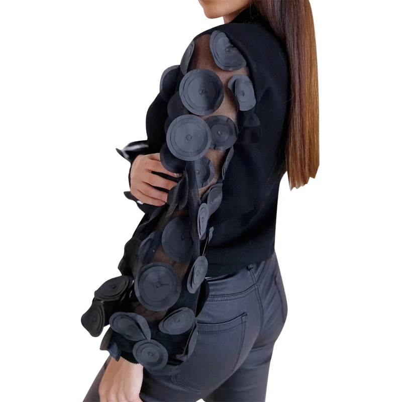 

Ladies Tops Women's Turtleneck Tops Sexy Dot Mesh Long Puff Sleeve Slim Fitted Tunics Ladies Tshirt Vintage Patchwork Tops