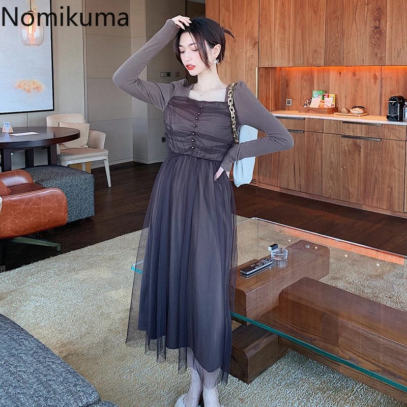 Nomikuma темпераментные элегантные марлевые платья осень новый квадратный воротник