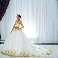 saudi arabia ball gown long sleeve wedding dress 2021 golden lace applique retro long bridal wedding dresses vestidos de novia