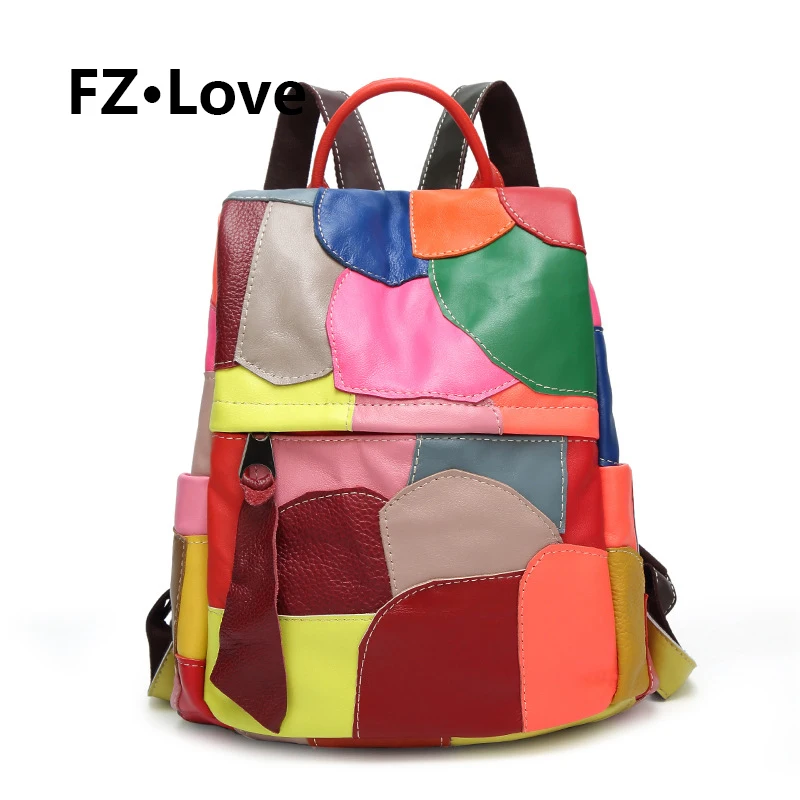 Womens Backpack Purse Rivet Colorblock Patchwork Laptop Genuine Leather Casual Tote Rucksack Light Strong Sport Daypack | Багаж и сумки