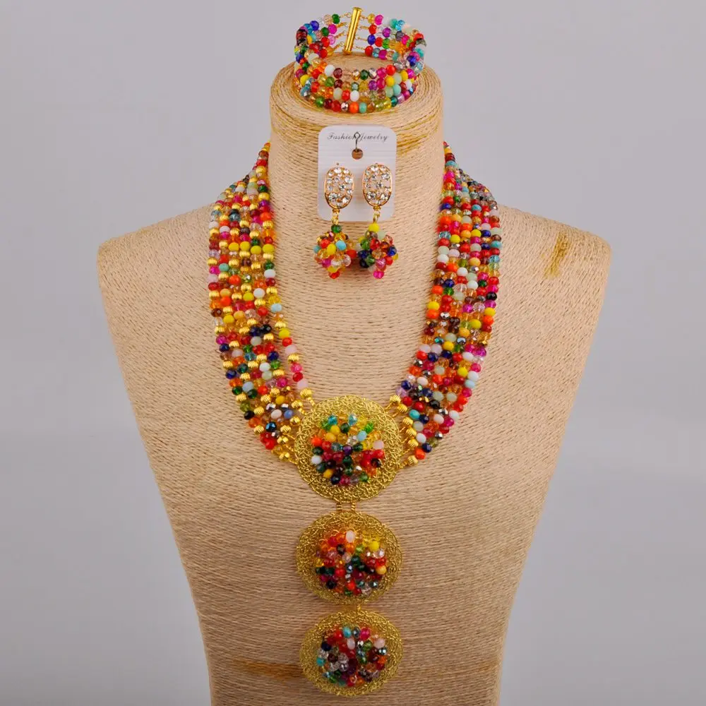 

Multicolor Nigerian Wedding African Beads Jewelry Set Crystal Necklace Costume Jewelry Set