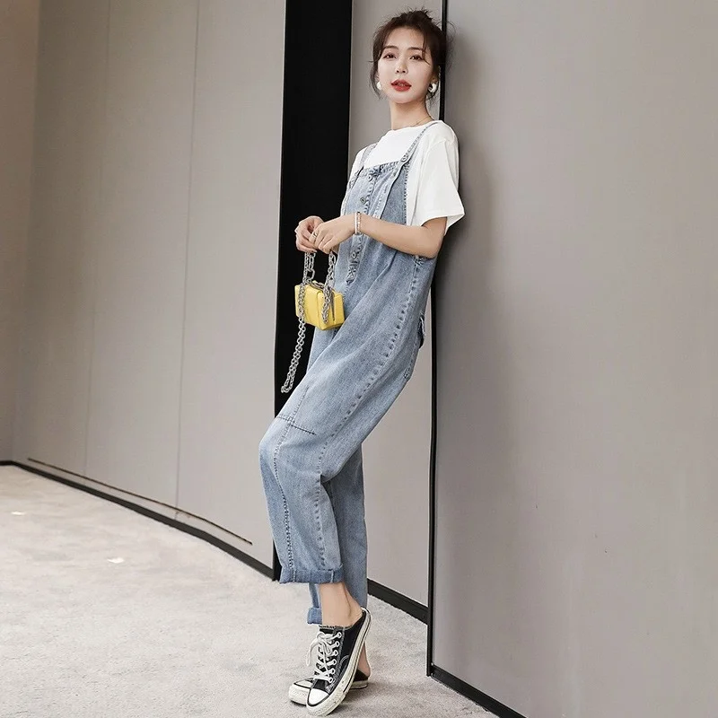 Casual Streetwear Denim Straps Jumpsuits Women Loose Single Breasted Overalls Jeans Rompers Summer Harajuku Cargo Pants Female