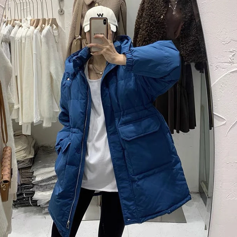

FTLZZ New Winter Women Casual Hooded Zipper Pockets Down Jacket Fashion Thick Warm 90% White Duck Down Coat Long Outwear