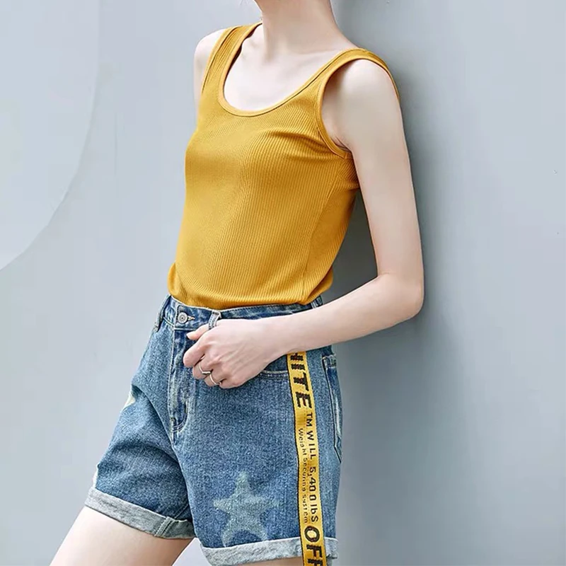 Women Cotton Ribbed Tank Top T-Shirt Sports Gym Fashion Casual Sleeveless Tee Plus Size Stretchy Blouse M30284