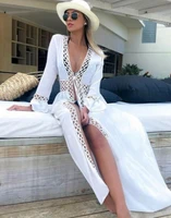 bikini cover ups sexy hollow out white cotton tunic lace up long cardigan summer dress women beach wear swimsuit cover up