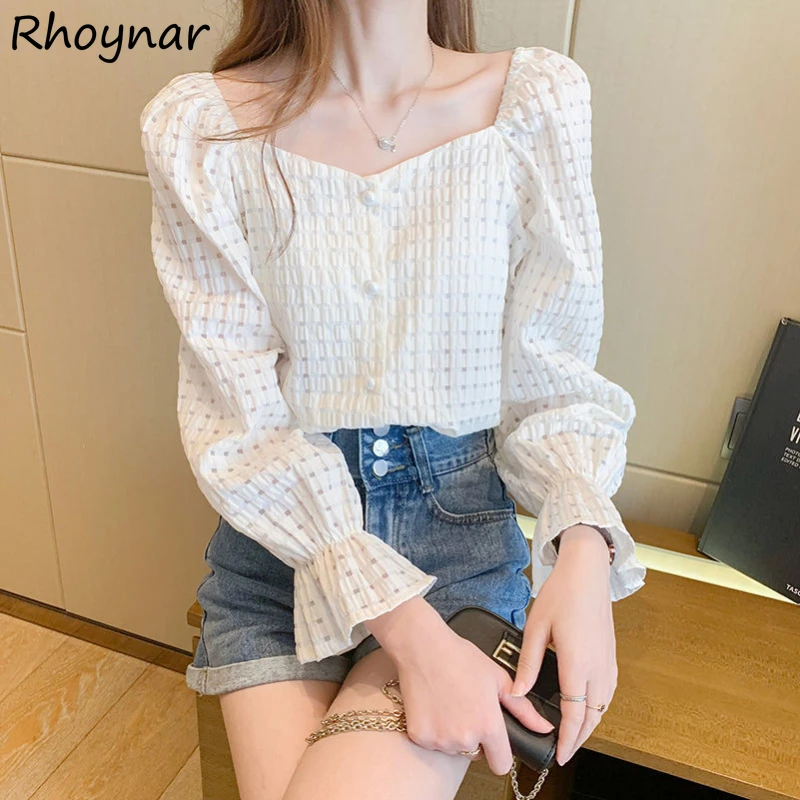 

Shirts Women Tender Lady Single Breasted Female Ins Trendy Flare-sleeve Casual Elegant All-match Tops Fashion Square Collar New