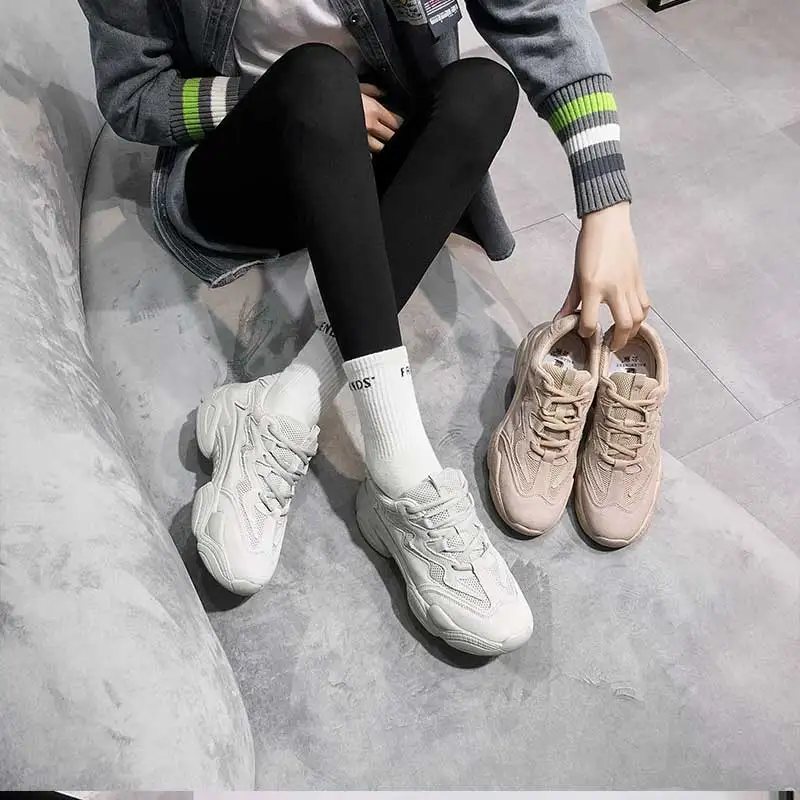 

Casual Mesh Platform Sports Shoes Leather Breathable Woman Sneakers 2020 Spring Women's Shoes Lace Up Zapatos De Mujer Beige