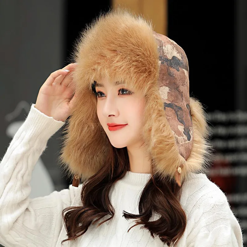 

2020 Winter Warm Windbreak Bomber Hats Men Women Camouflage Earmuff Caps Fluffy Fur Fashion Ski Mask Aviator Hat 5 Colors