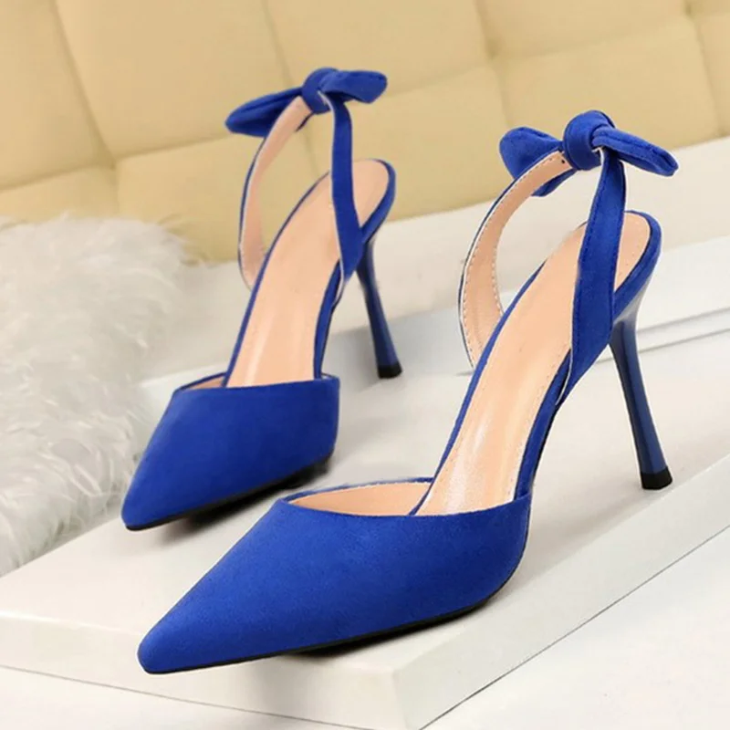 Boussac Elegant Bowtie Slingback High Heel Women Pumps Sexy Pointed Toe High Heels Ladies Shoes Suede Thin Heel Party Shoes B233 - Цвет: blue