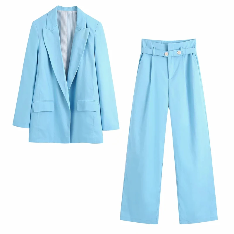 

2021 woman Fashion linen blazer with printed cuffs women lapel collar long sleeves blazer coat sky blue flap pockets chic tops
